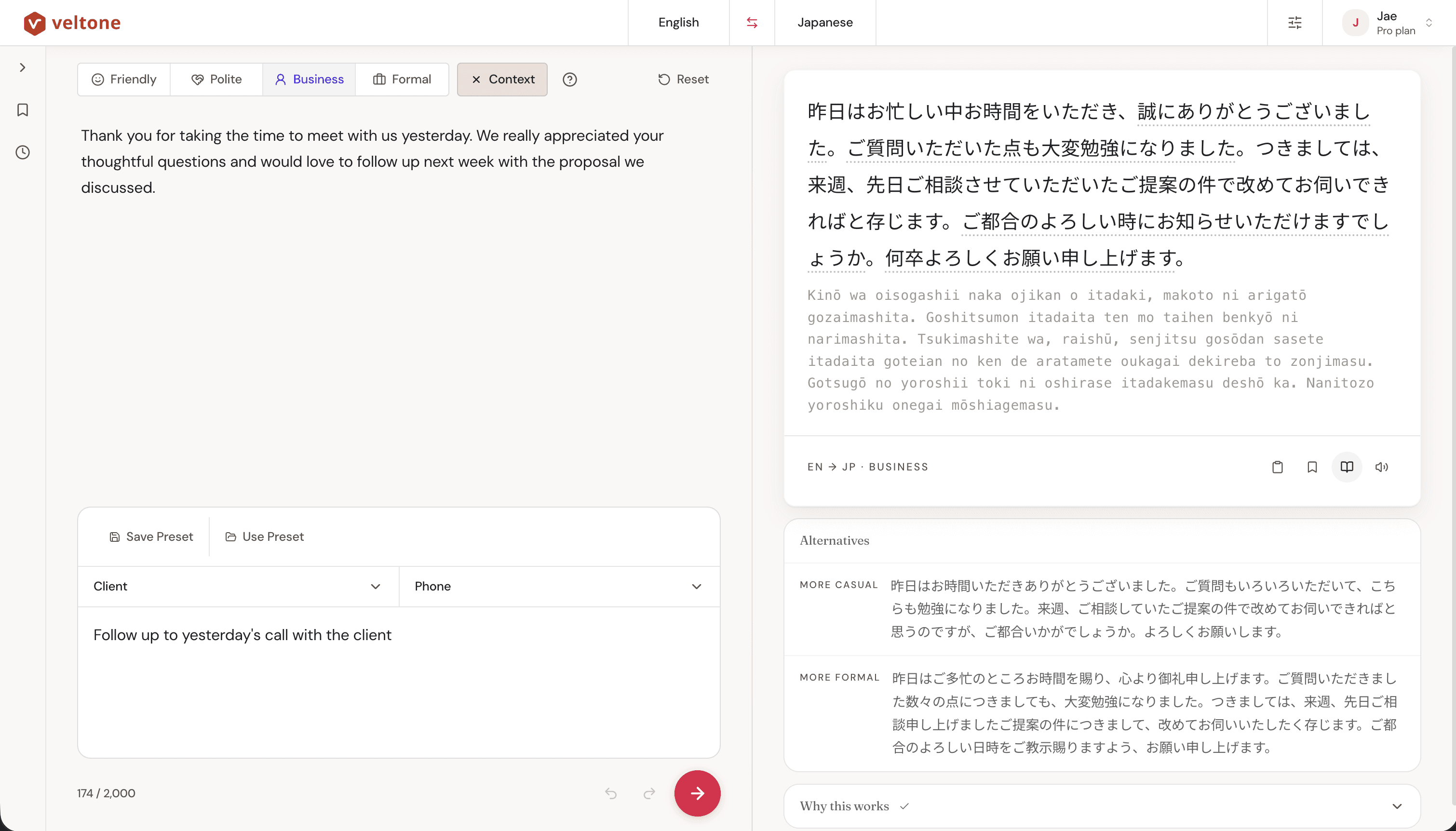 Veltone editor showing an English-to-Japanese translation with tone and context controls