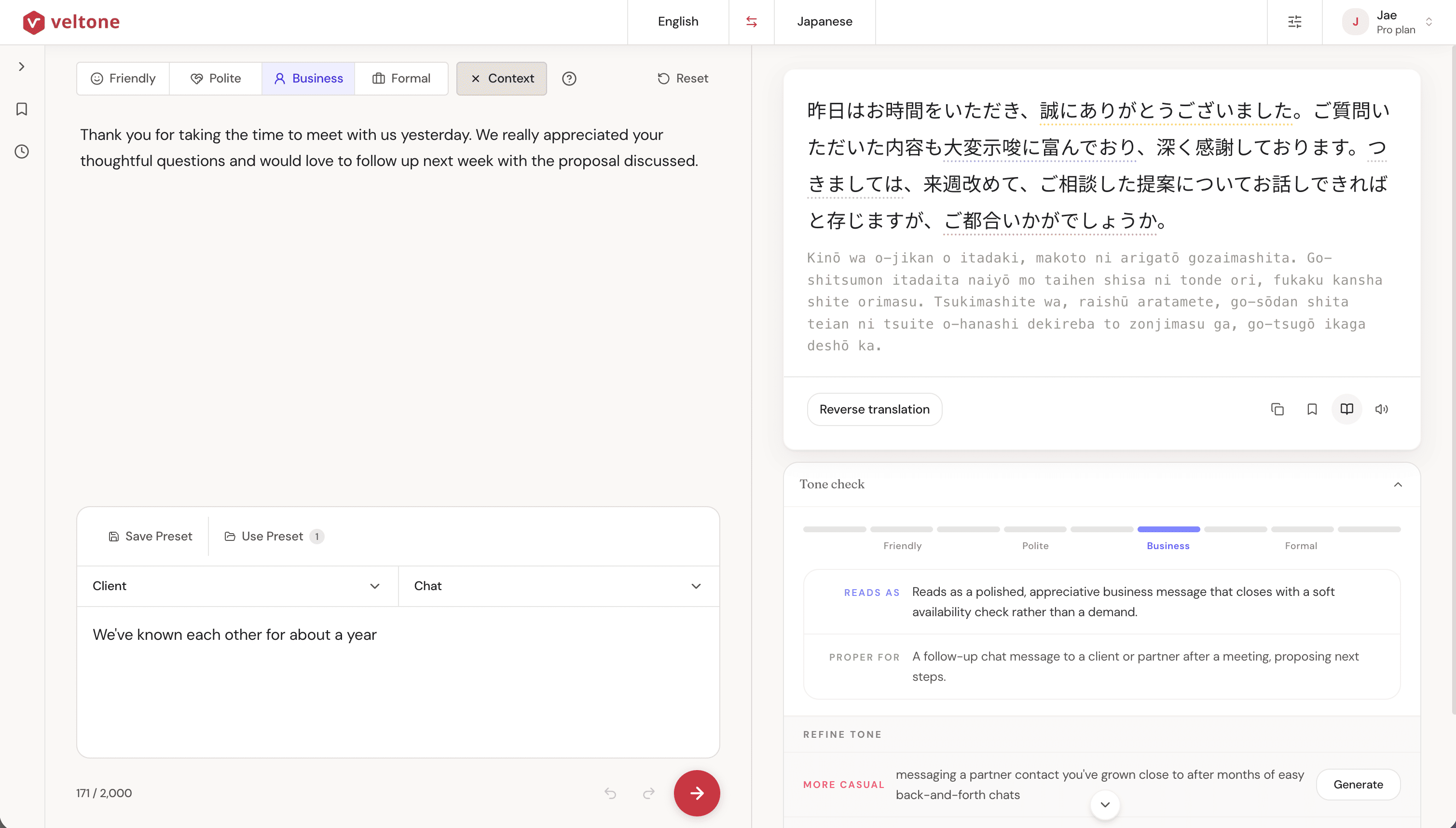 Veltone editor showing an English-to-Japanese translation with tone and context controls
